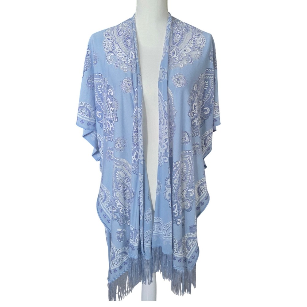Blue Paisley Fringe Kimono Wrap Open Front Bohemian Shawl Cover Up One Size